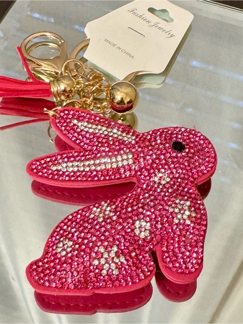 New Hot Pink Crystal Bunny Keychain Bag Charm